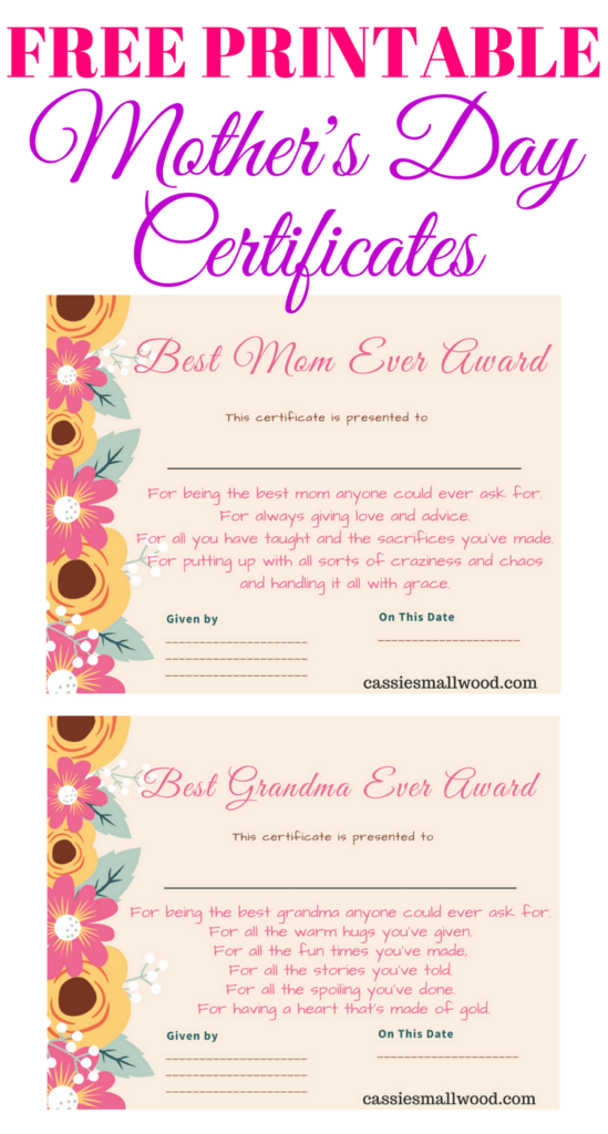 Free Mother's Day Printable Certificate Awards For Mom And Grandma
