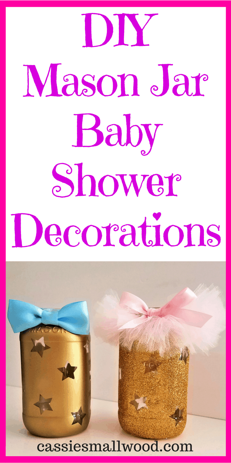DIY your own Twinkle Twinkle Little Star theme party decorations! These bow tie and tutu baby shower mason jars make the perfect centerpiece or candle holder. These are also cute for a gender reveal party idea. Blue and gold for a boy and pink and gold glitter for a girl. Simple to make decor.