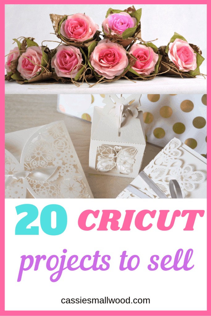 20 fun projects to make money with a Cricut Maker. How to make Cricut projects to sell at craft fairs and on Etsy to make extra money for the holidays or gifts. These are unique product ideas, not the usual coffee mugs and T shirts. Awesome Cricut business ideas to sell the best diy products that are simple and easy to make even for beginners using vinyl lettering, paper, leather, fabric and home decor items. #cricutprojectstosell #cricutmakerprojects #sellingonEtsy