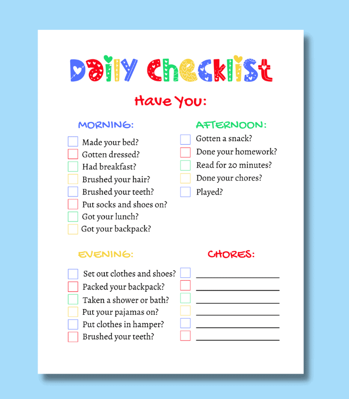 Free printable daily chore chart for students