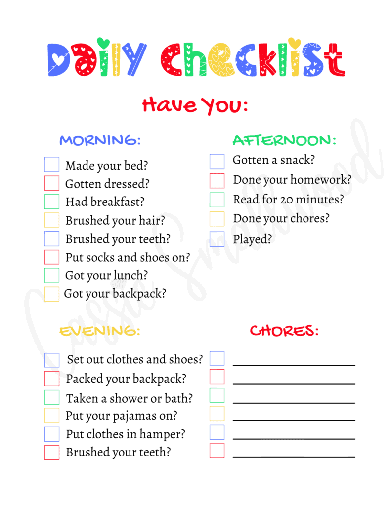 blue, red, green, and yellow daily checklist for kids