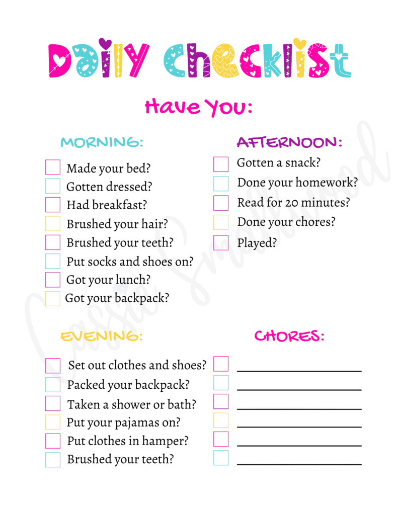 free printable pink daily checklist for kids