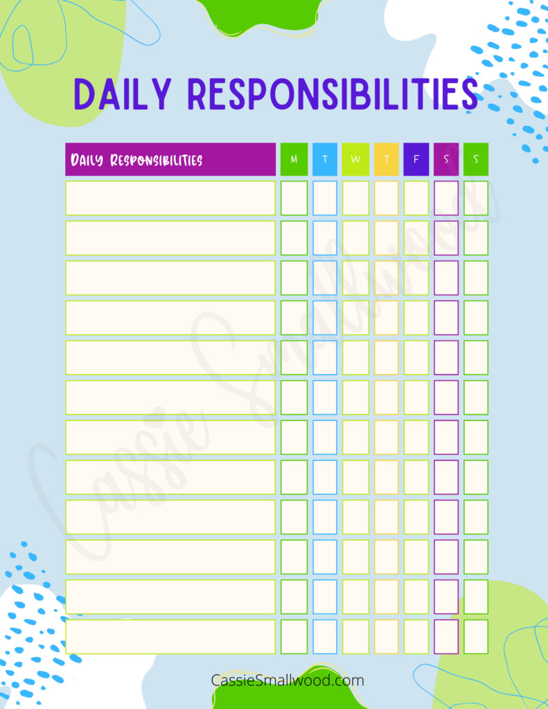 Daily responsibilities routine chart for kids