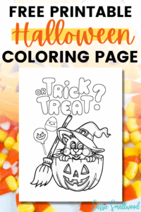 Free printable trick or treat picture to color for kids with black cat, jack o lantern, broomstick, witch's hat and candy corn