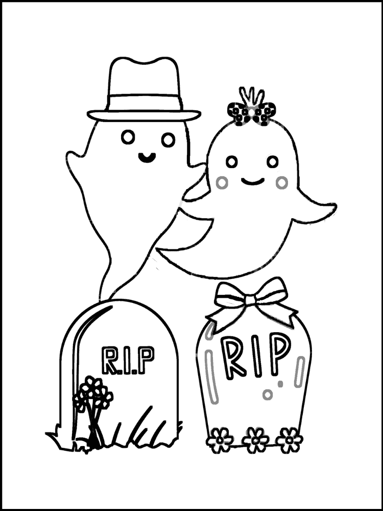 Cute ghost coloring page free printable. Ghost boy and girl with graveyard.