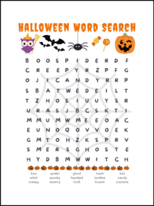 Free printable Halloween word search for kids