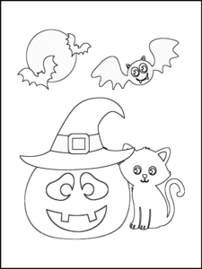 Free printable pumpkin coloring page with Halloween cat