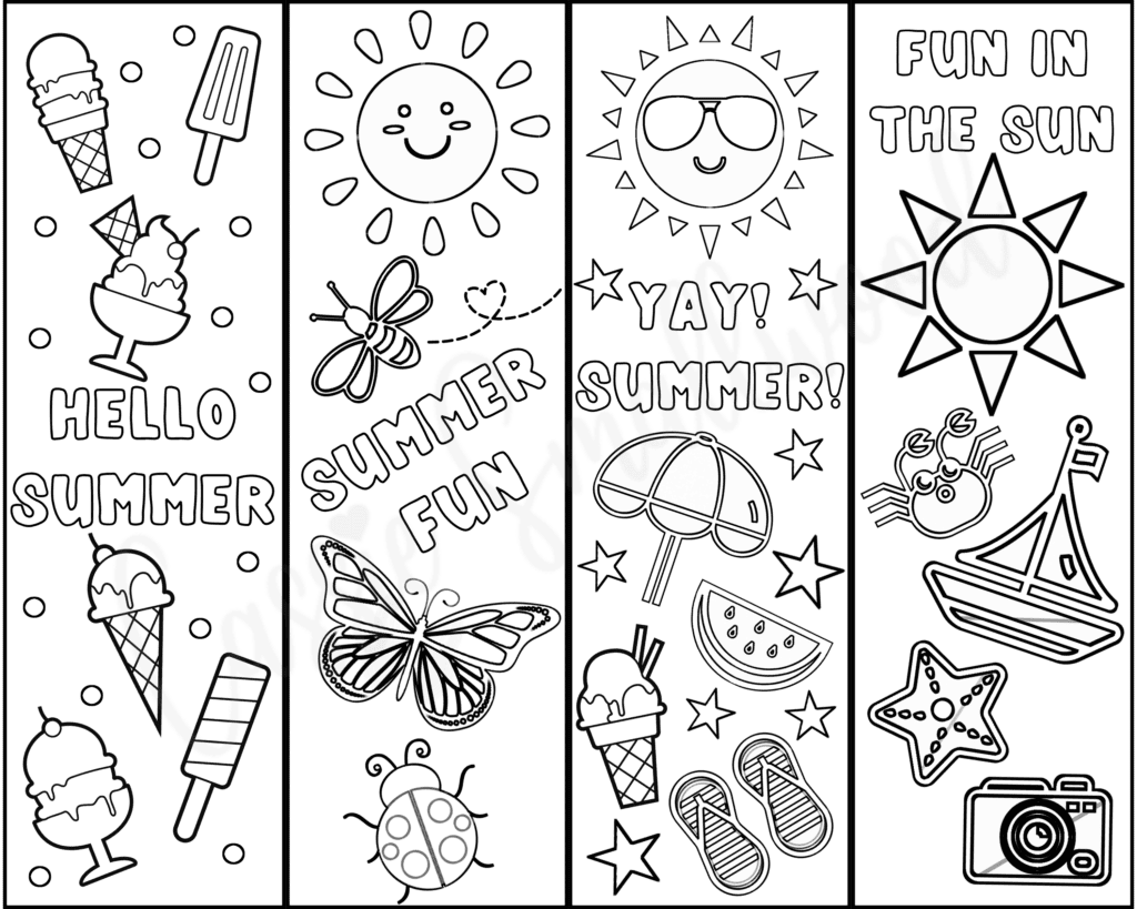 free printable summer coloring bookmarks for kids pdf, cute printable bookmarks to color summer, black and white summer reading bookmarks, beach bookmarks, cool summer adventure book markers for kids free printable pdf