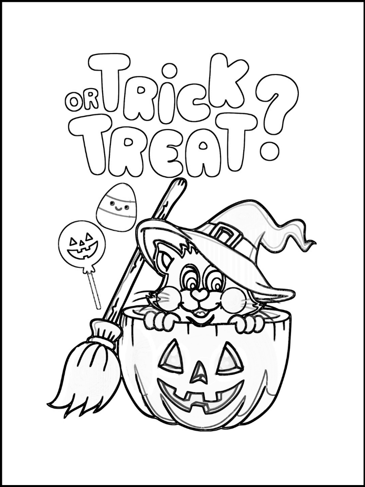 Free printable Trick or Treat coloring page with Halloween cat and candy corn, jack o lantern and broomstick
