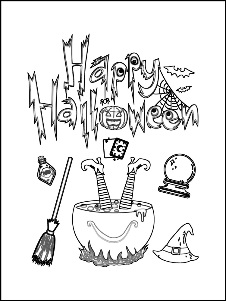 Free printable witch coloring page with broomstick, cauldron, potion, witch's hat, tarot cards, and crystal ball. Happy Halloween coloring sheet
