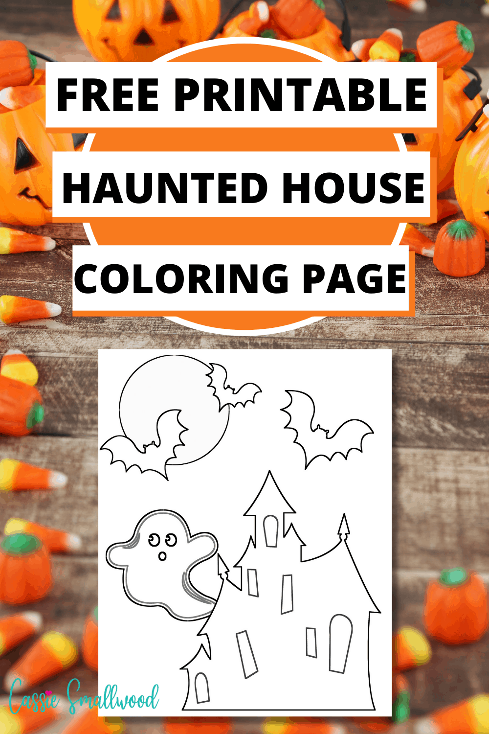 Easy haunted house coloring page for kids with bats and ghost free printable