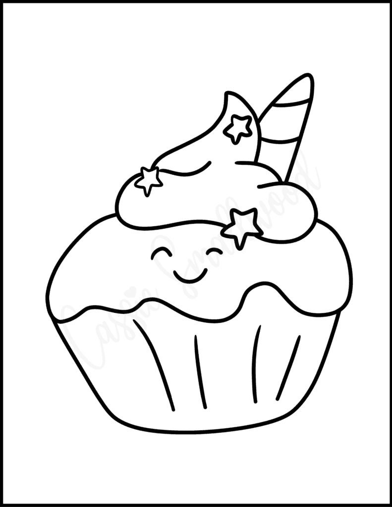 Kawaii unicorn cupcake coloring page