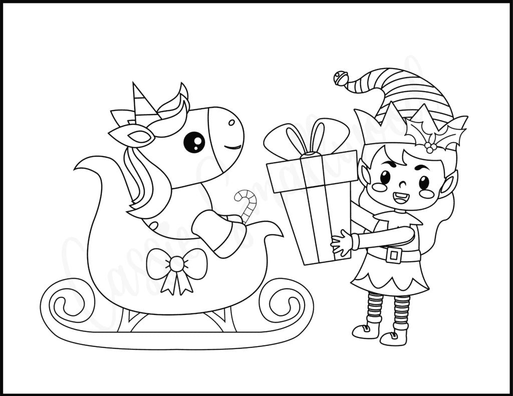 Girl elf and Christmas unicorn coloring page
