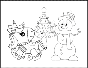 Snowman and Christmas unicorn coloring page with Christmas tree, Unicorn elf