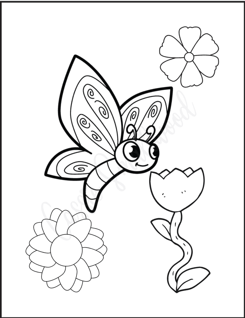 Easy butterfly and flowers coloring page for kids