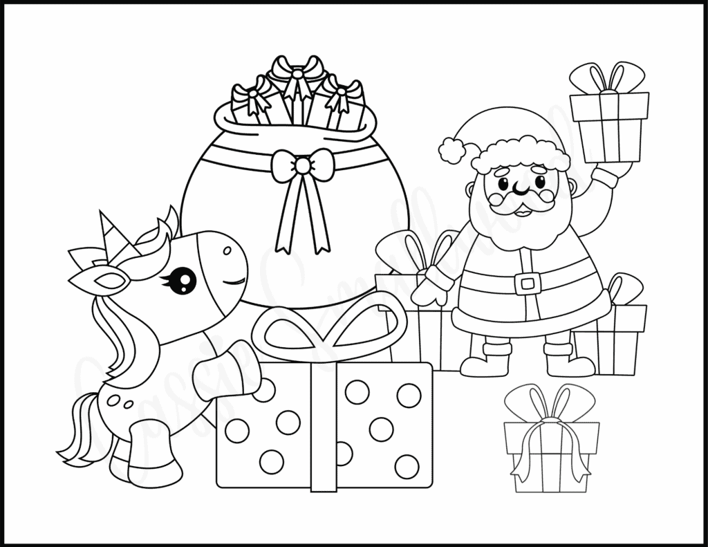 Santa and Christmas unicorn coloring page with Santa's gift bag