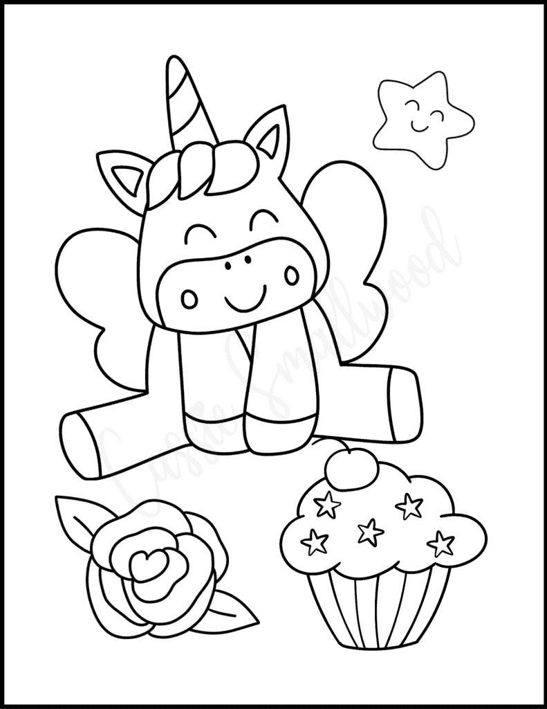 Unicorn With Wings And Cute Cupcake Coloring Page