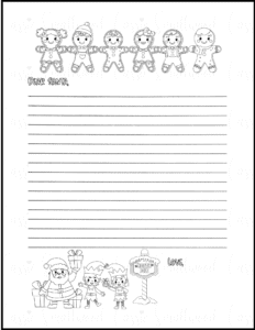 Blank coloring letter to santa with pictures of gingerbread men and women, the north pole and elves with santa, Dear Santa coloring letter template