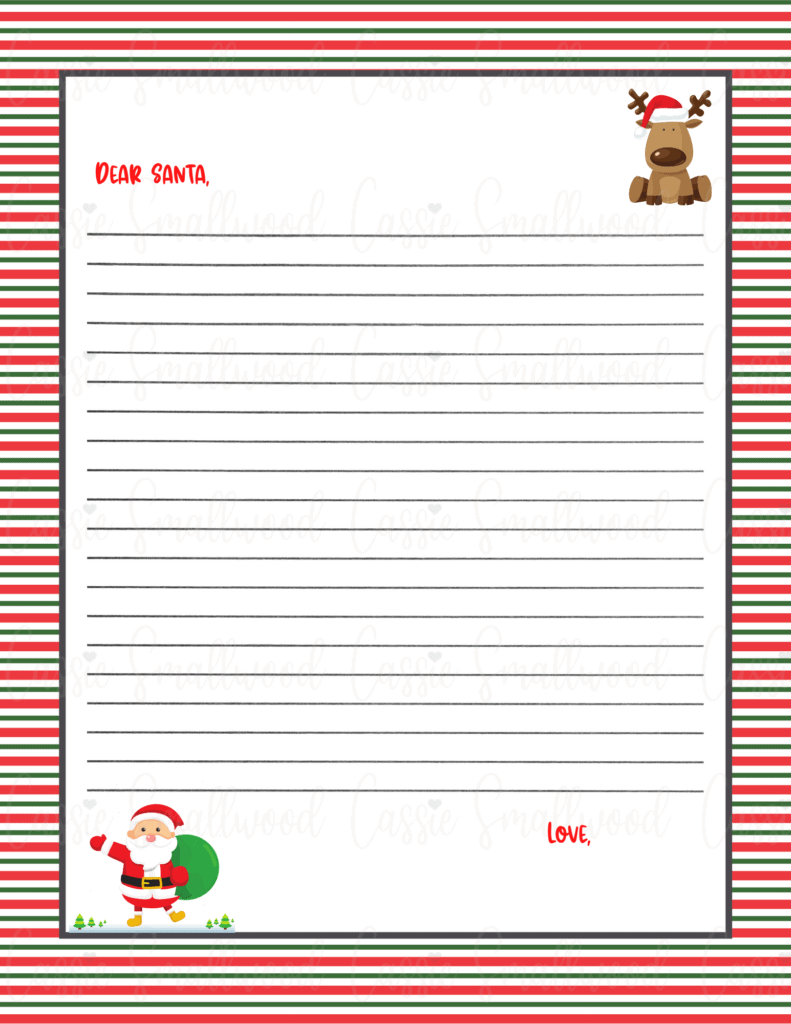 Blank santa letter template with striped border, santa and reindeer with lines to write a letter to santa