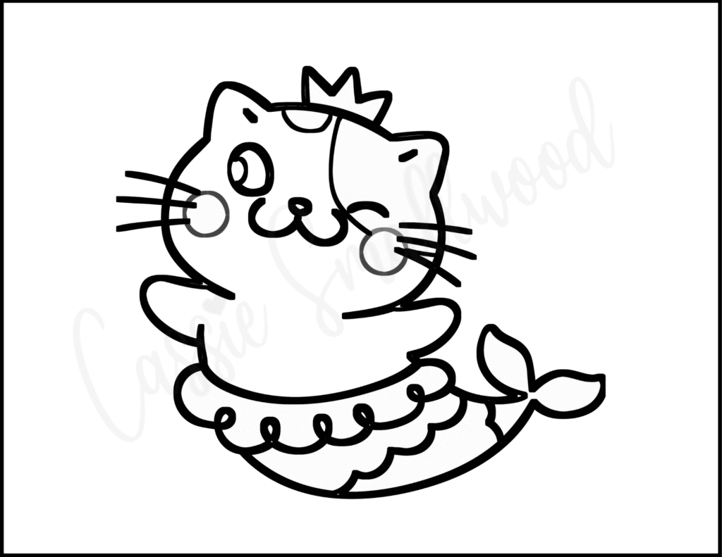 Free Printable Cute Cat mermaid princess coloring sheet