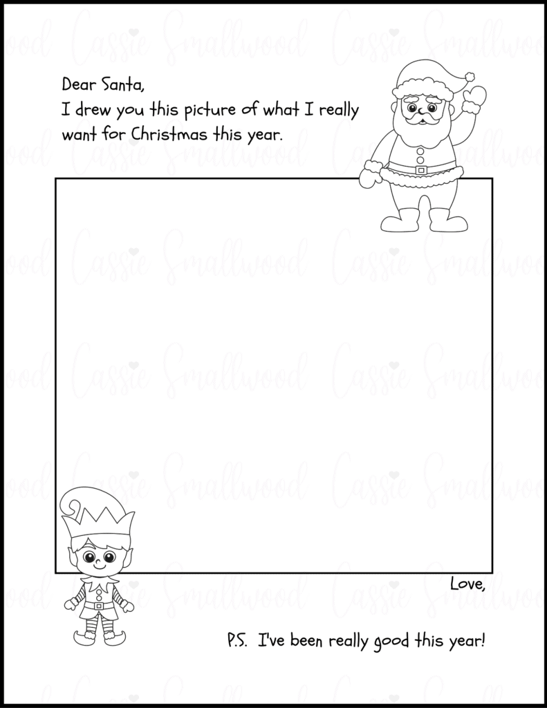 Blank Coloring Letter To Santa Drawing Page with elf