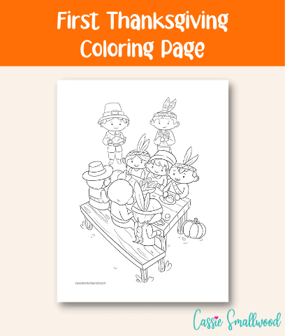 First Thanksgiving Coloring Page with pilgrims and indians having Thanksgiving feast at fall harvest