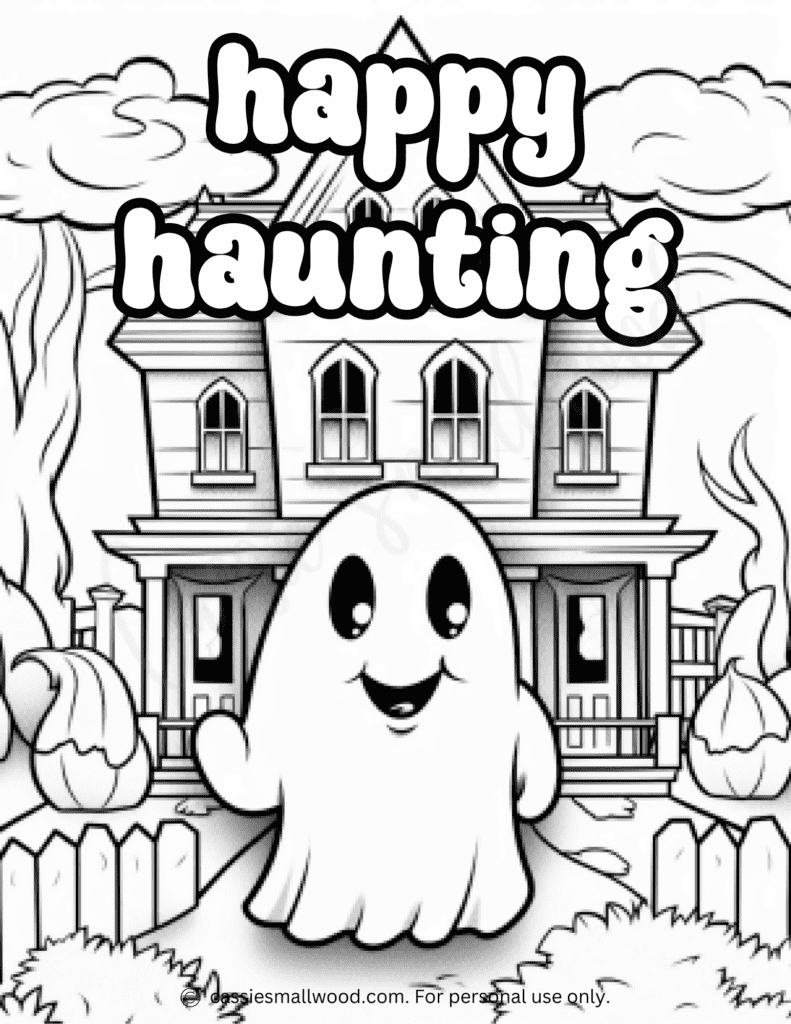 free ghost coloring page printable pdf Halloween ghost coloring sheet for kids Happy haunting haunted house picture to color