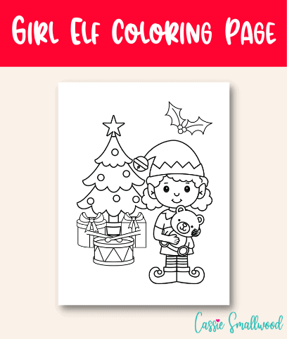 Cute Girl Elf Coloring Page with Christmas tree, gifts, drums, and holly