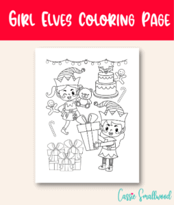 cute girl elves coloring page with cake, lights, gifts, candy canes