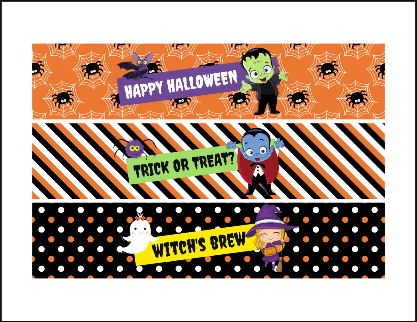 Free printable Halloween water bottle wrappers for kids with cute witch, Frankenstein, and vampire