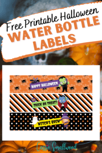 Free printable Halloween water bottle labels with witch, frankenstein, and vampire