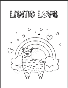 Cute kawaii llama coloring page with rainbow and hearts