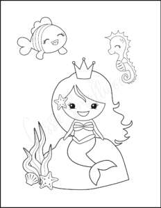 Kawaii mermaid princess coloring page for kids with seahorse and fish