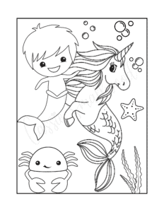 Free printable unicorn mermaid coloring page with merboy and cute crab