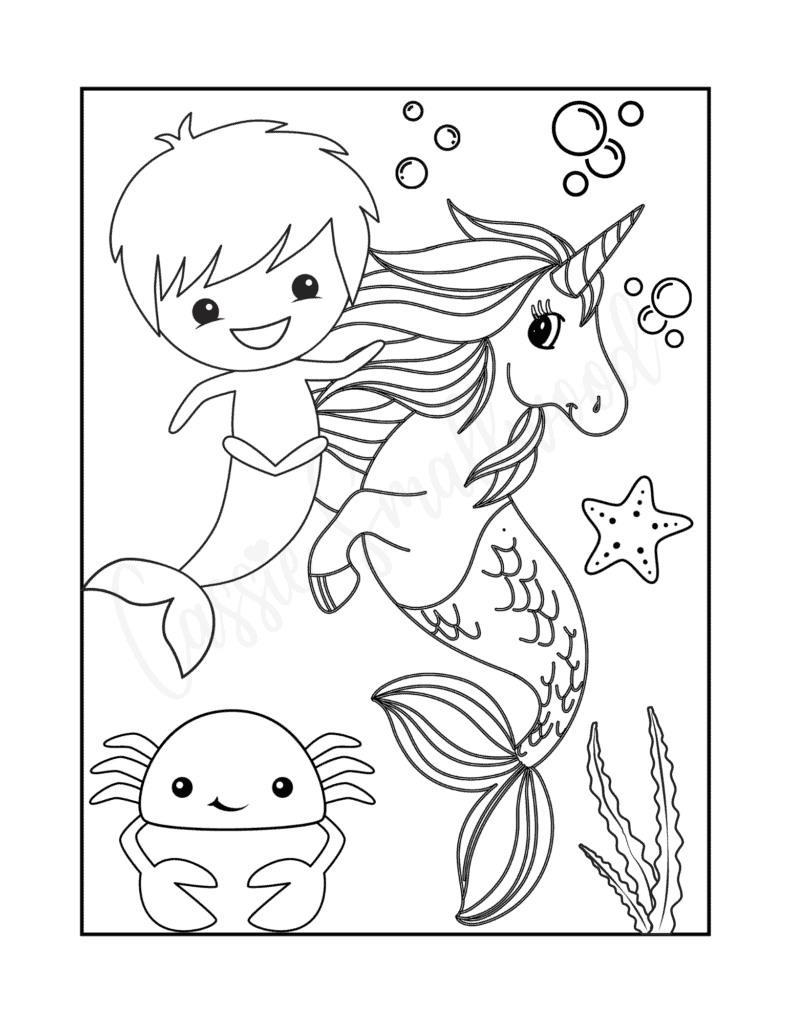 Free printable unicorn mermaid coloring page with merboy and cute crab