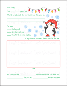colorful Penguin fill in the blank letter to santa template free printable