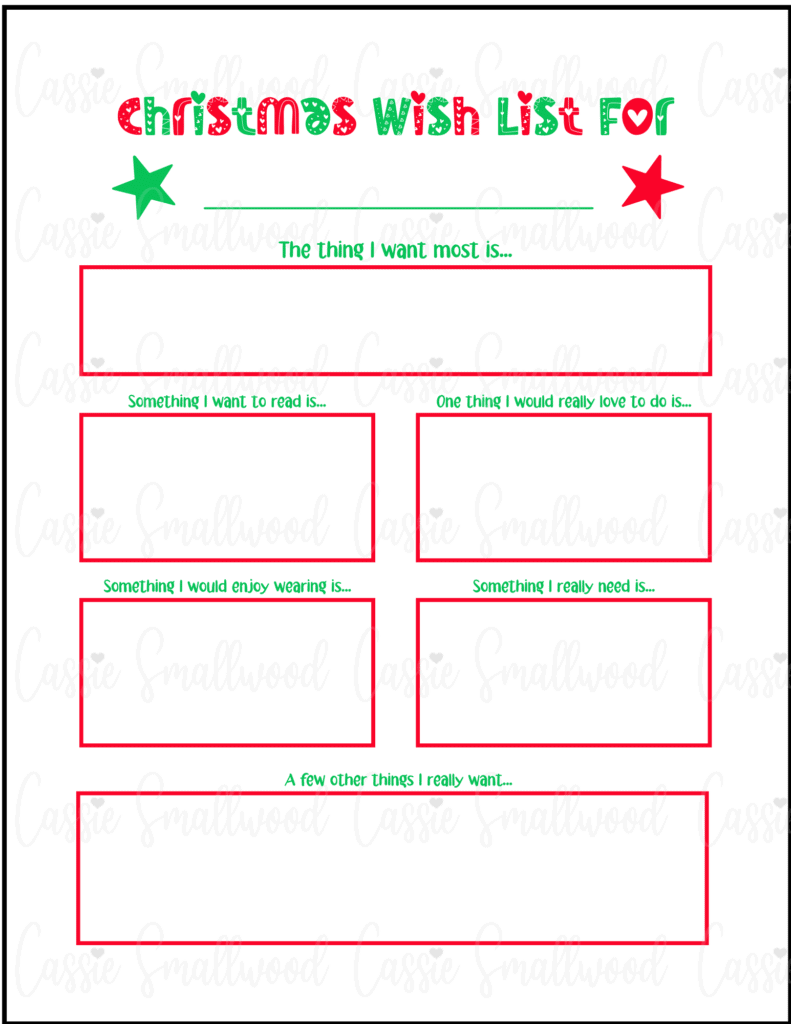 Free Santa Wish List Printable with something to wear something to read, something I really want, something I need in red and green