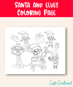 Santa and elves coloring page with north pole sign and presents