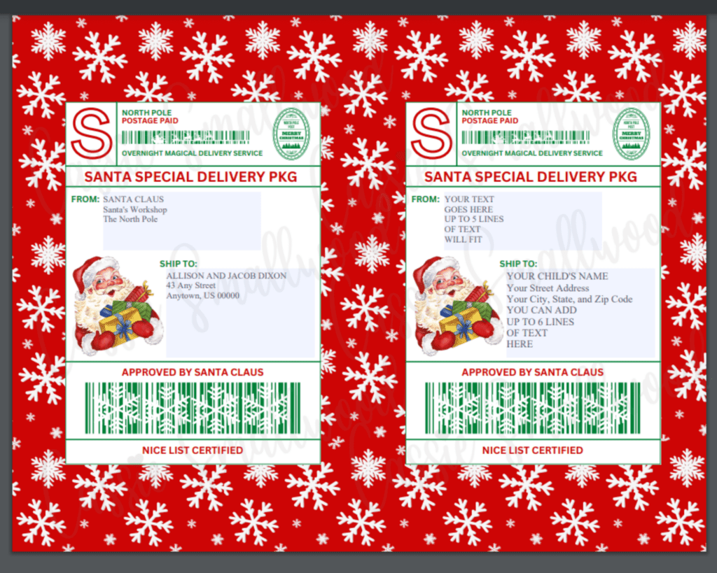 Santa Mail North Pole shipping label editable template