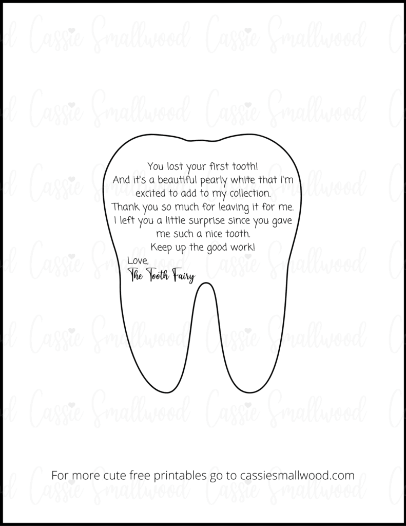 Cute Tooth Fairy letter first tooth free printable tooth shaped tooth fairy note