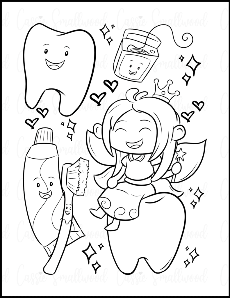 Free printable tooth fairy coloring page with teeth, floss, toothbrush, toothpaste