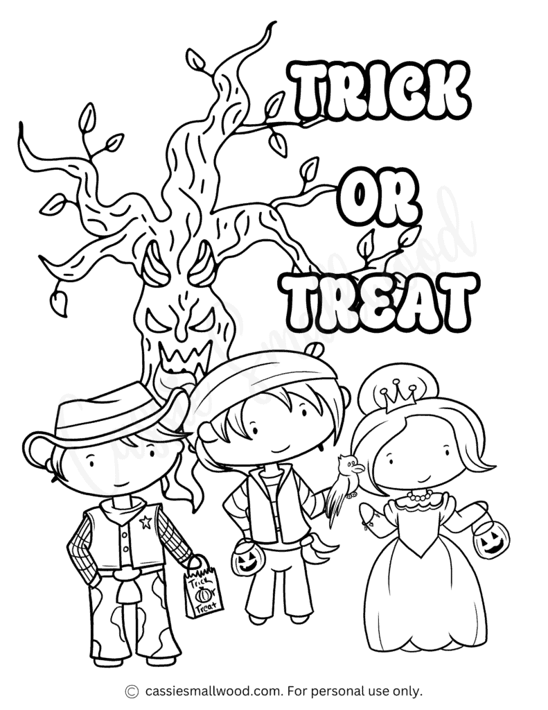 Trick or treat coloring picture Halloween coloring page free printable pdf kids trick or treating coloring sheet