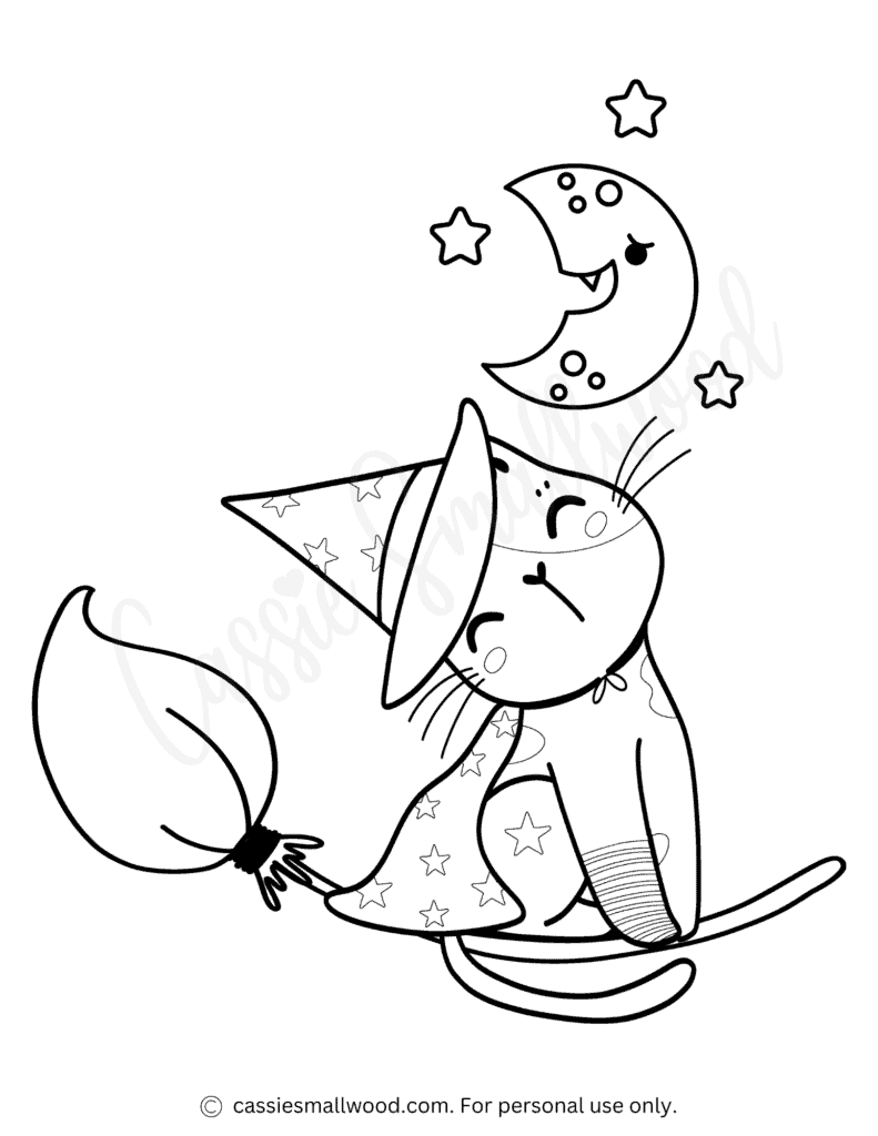Witch cat coloring page free printable pdf Halloween coloring sheet witch broom picture to color