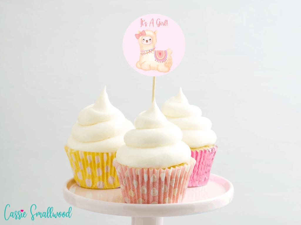 Pink It's A Girl Llama Baby Shower Cupcake toppers