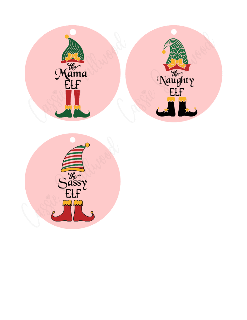 Free printable round elf Christmas ornaments