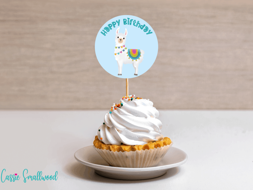 Blue happy birthday llama cupcake toppers for boys