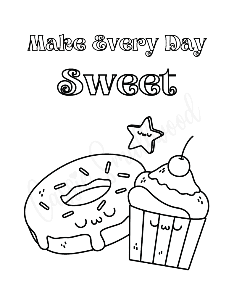 Cupcake donut coloring page Make Every Day Sweet donut coloring sheet kawaii