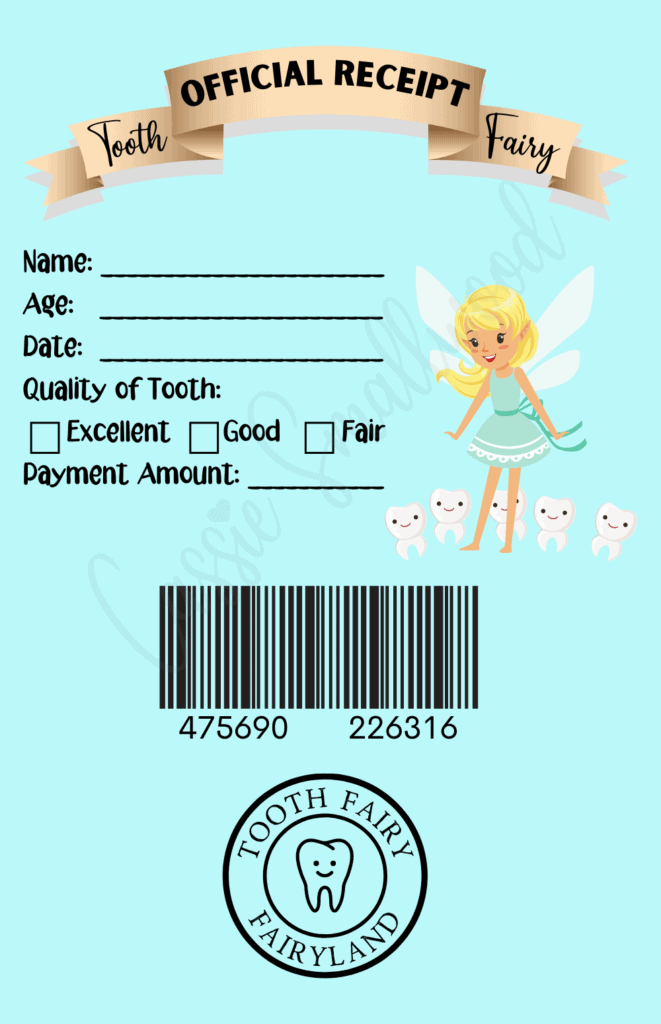 Cute printable tooth fairy receipt with turquoise background, barcode, and official Tooth Fairy mail stamp
