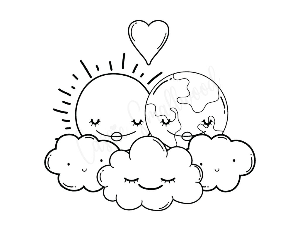 Happy sun coloring page with clouds, Earth and a heart