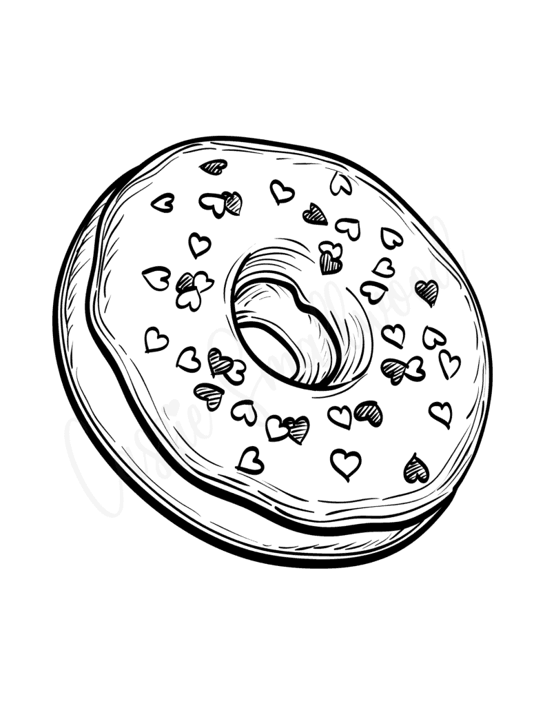 Simple donut coloring page with heart sprinkles